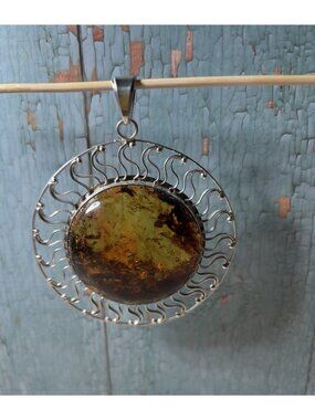 Large Amber Sun Pendant 925 Sterling Silver Artisan One-of-a-Kind 3.5”
